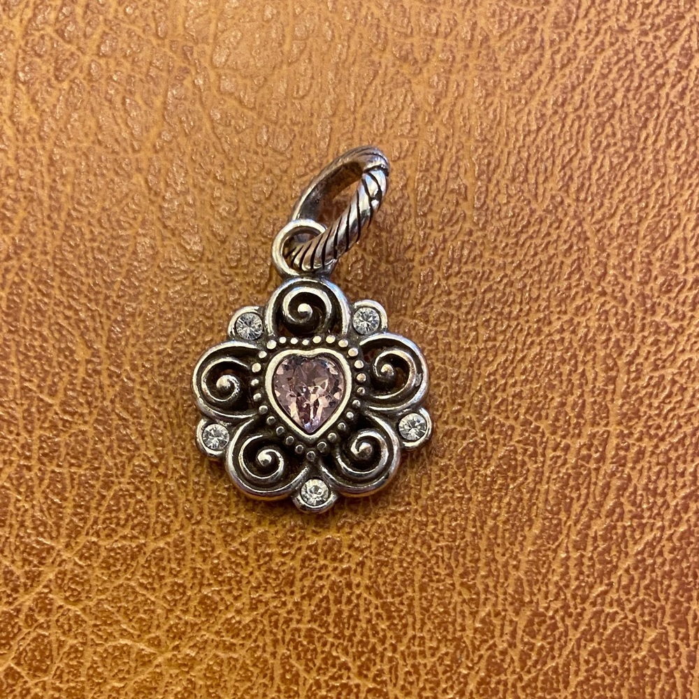 Silver Floral Heart Pendant with Light Pink Stone